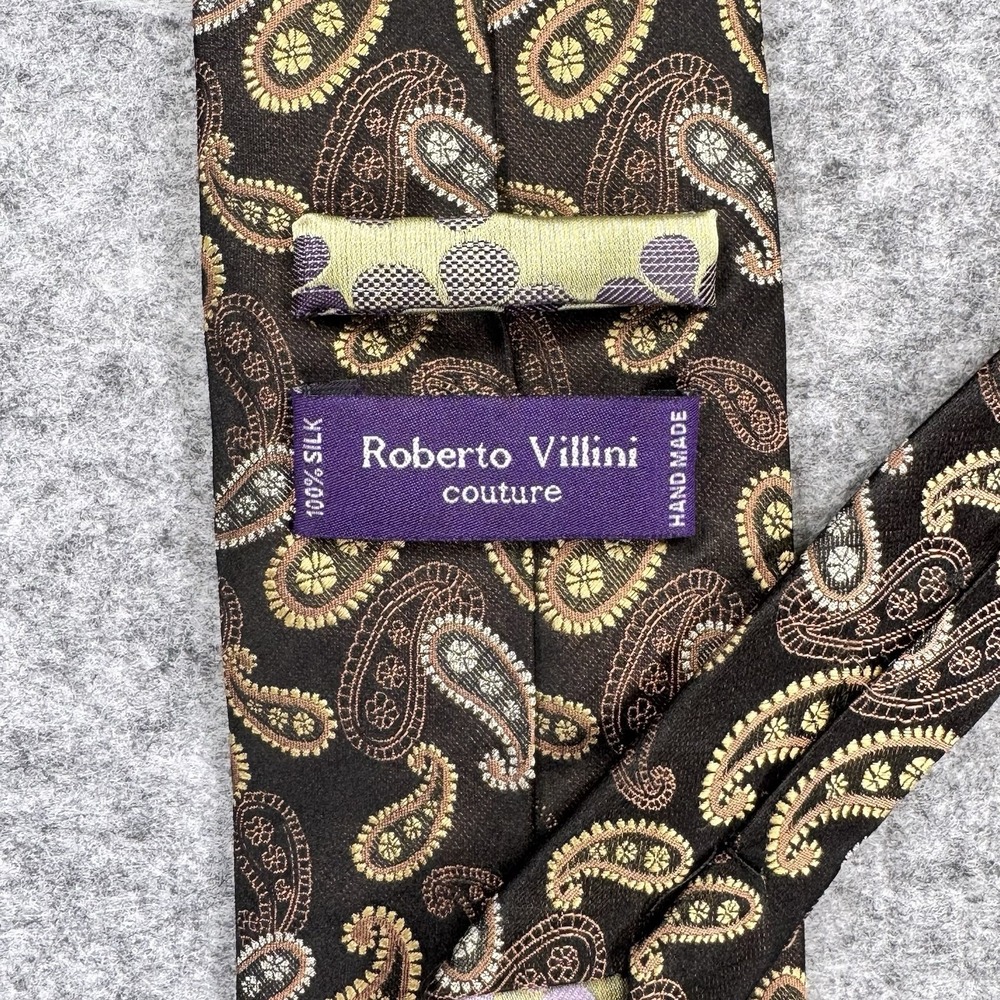 ROBERTO VILLINI Couture Designer Silk Necktie Paisley Brown/Gold Handmade